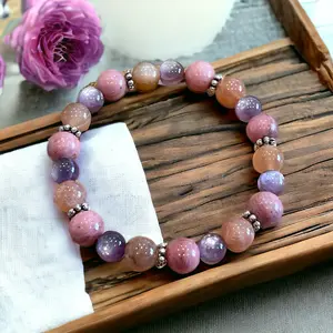 Emotional Healing and Balance, Clears Negative Energy and Promotes Optimism Natural Crystal Bracelet | Purple Mica, Sunstone, and Pink Rhodonite