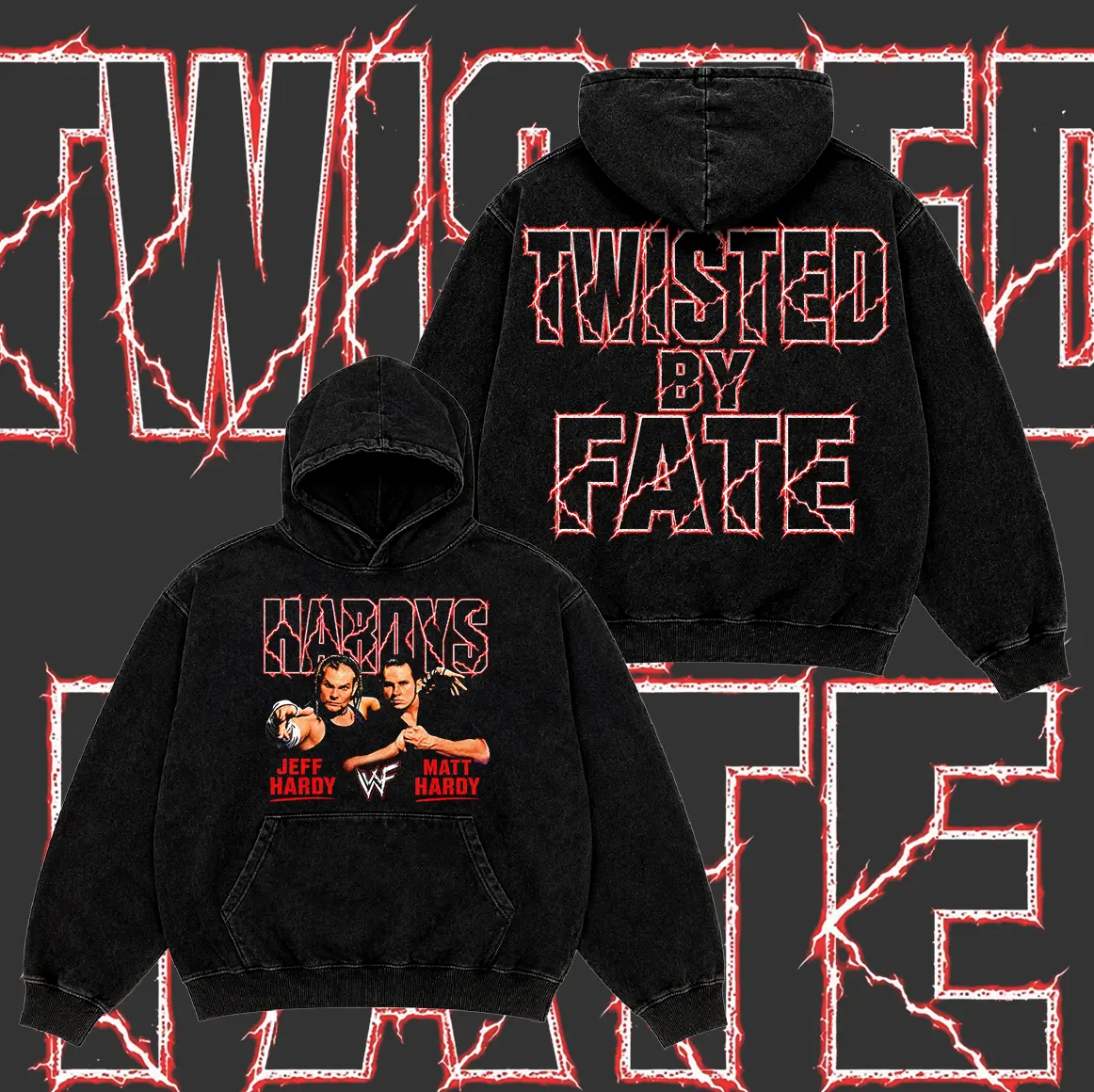 7787 The Hardy Boyz Jeff Hardy Matt Hardy Twisted by Fate WWE Graphic Hoodie for Wrestling Fans Menswear, Vintage Washed Front Back Print