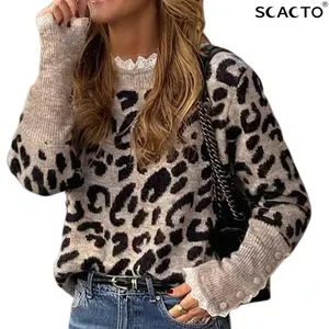 Scacto Cozy Women's Leopard Print Sweater - Crewneck Long Sleeve Pullover with Lace Trim | Perfect for Casual Daily & Weekend Outfits