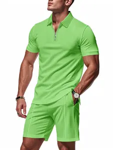 Men's Solid Zipper Polo Shirt & Shorts Set, Casual Outfit Set, Regular Fit Casual Short Sleeve Top & Shorts, Men's Summer Clothes for Daily Wear