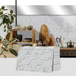 6/12/24/48 PCS FG PVC Crystal Tile Stickers Light Grey Marble Hexagon Peel and Stick Backsplash Waterproof Oil-Proof for Kitchen Bathroom