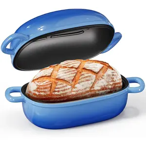 Cast Iron Dutch Bread Oven - 2.5QT Dutch Oven for Sourdough Bread Baking, Cast Iron Bread Loaf Pan with Lid, Easy Homemade Sourdough Dutch Oven, Blue Oval Bread Baking Pan, Gift for & Baker
