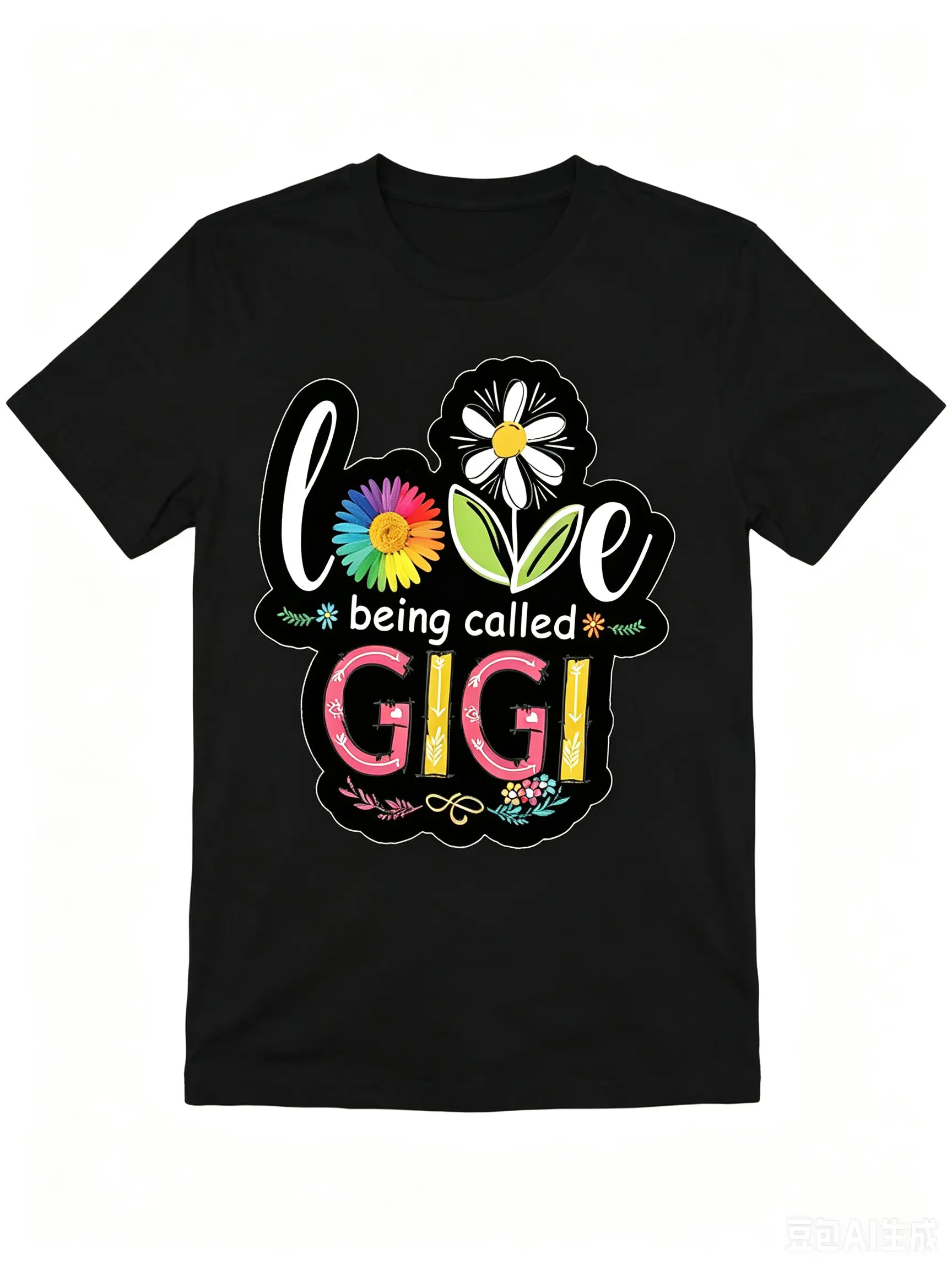 Plus Size Love Being Called Gigi Sunflower Graphic Tee Women'S Casual Black TShirt with Colorful Floral Design, Short Sleeves, Round Neck, Stretchy Fabric