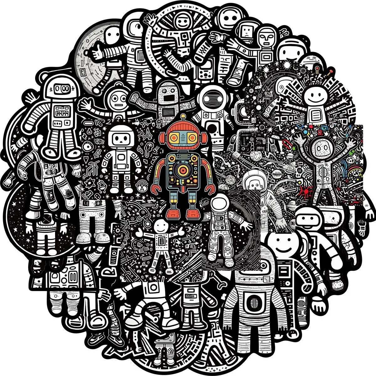 Cute Robot Pattern Sticker, 50pcs/set Science Theme Vinyl Waterproof Decals, Decorative Sticker for Computer Skateboard Laptop Water Bottle Luggage Notebook, Ornaments