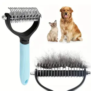 Stainless Steel Pet Dematting Comb—A Double-Sided Undercoat Rake Grooming Tool for Cats and Dogs. This highly efficient brush effortlessly removes tangles, knots, and loose fur, making it ideal for long-haired pets. outdoorfun hair comb easy removal