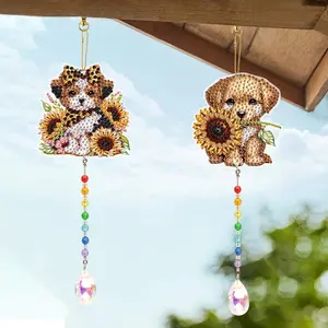 Sunflower Dog Pattern Diamond Art Painting Wind Chime Kit, DIY Special Shape Diamond Hanging Pendant Decoration for Home Garden Gift