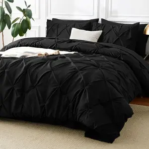 Cozylux Queen Comforter Set Black, 7 Pieces Pintuck Bed in a Bag, Premium Black Comforter Queen Size, Pinch Pleat Bedding Sets with Comforter, Sheets, Pillowcases & Shams CozyLux