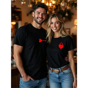 1pc His & Hers Valentine's Day T-Shirts - 100% Cotton, Soft & Breathable, Round Neck Short Sleeve with Heart & Key Design - Perfect Gift for Couples, Valentines Day Gifts