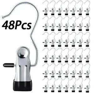 16-32-48-64PCS Portable Clothes Hook Clips, Laundry Hooks, Stainless Steel Hanging Clothes Clips, Clip Hanger Rack for Wardrobes, Travel, Socks, Pants, Hats, Towels, etc. (Black)