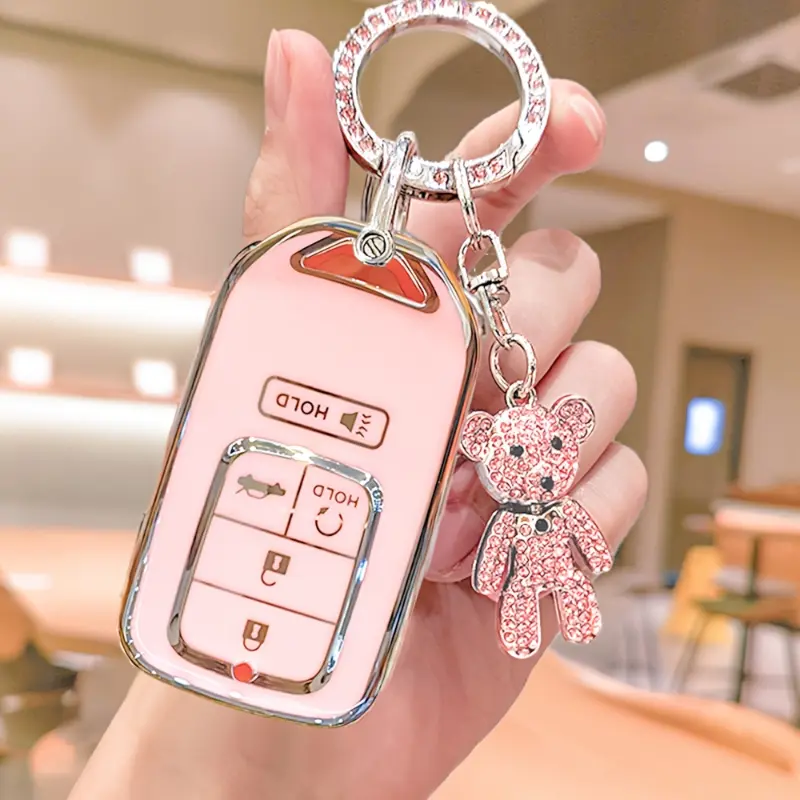 Women's Rhinestone Bear Charm TPU Car Key Fob Cover, Soft Protective Car Key Holder for Honda/Acura Models Including Accord, Civic, CR-V, Odyssey, NSX, Stylish Automotive Keychain Gift