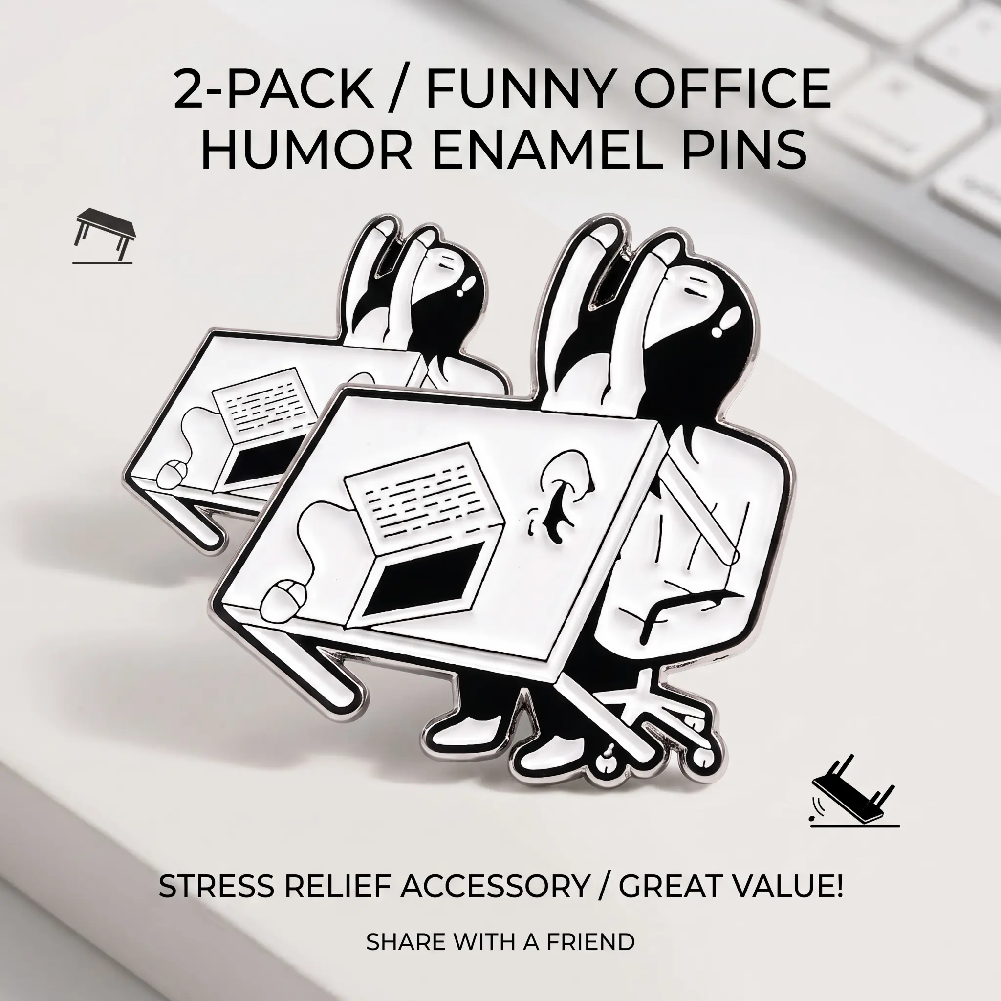 Desk Flip Enamel Pin Set 2-Piece Relatable Office Humor Accessory Lightweight Durable Metal Pins for Lanyard Tote Bag Backpack, Frustrated Worker Office Gag Gift Metal Badges for Backpacks Hats Jackets
