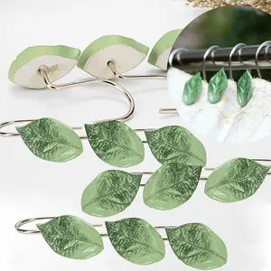 12 Pack Green Leaf Shower Curtain Hooks Decorative Hooks for Floral Leaves Tropical Plant Botanical Spring Flower Tree Themed Shower Curtain - Farmhouse Boho Shower Curtain Rings for Bathroom