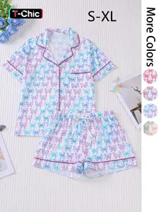 Women's Butterfly Print Lapel Collar Pajama Set, Comfortable Short Sleeve Top & Shorts PJ Set, Casual Comfy Pyjama Set for Women, Casual Sleepwear Set, Loungewear