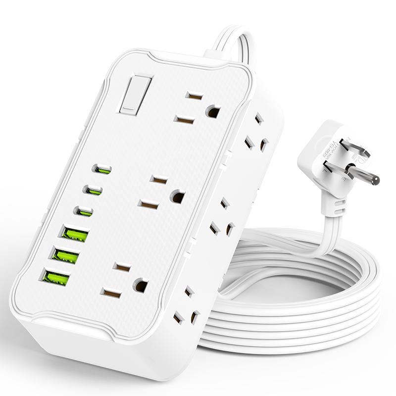 6.5FT/10FT/15FT extension line power board, 1pc 12-in-1 power board/power socket/power strip, 6 AC sockets, maximum power of 1250.W, 10A, 3 USB 3Type-C, suitable for home, office, travel and computer.