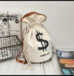 Dollar Sign Canvas Backpack, portable backpack Japanese Portable Storage Drawstring, Multifunctional Casual Money Bucket Purse  Shoulder Bag