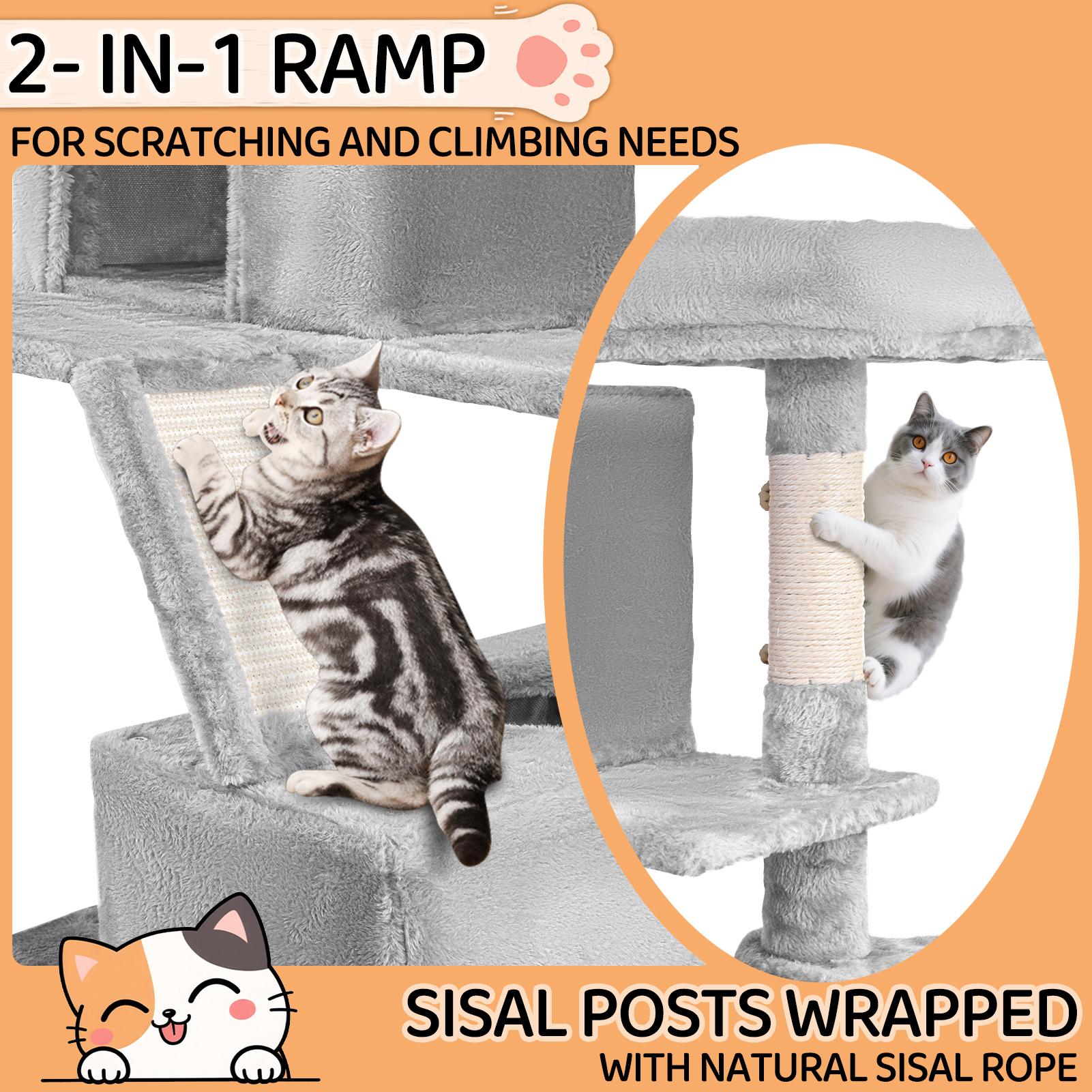 Cat Tree, 67-Inch Tall Tower for Indoor Cats with 2 Perches,2Big Condos, 2 Hammocks, Basket, Scratching Pad, LargeCatFurniture and Condo, Light Gray