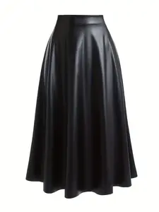 Women's Plus Size Elegant Fashion PU Leather Midi Skirt, Fitted Long Dress, Plain Pattern, All Seasons Wear, Stylish and Comfortable