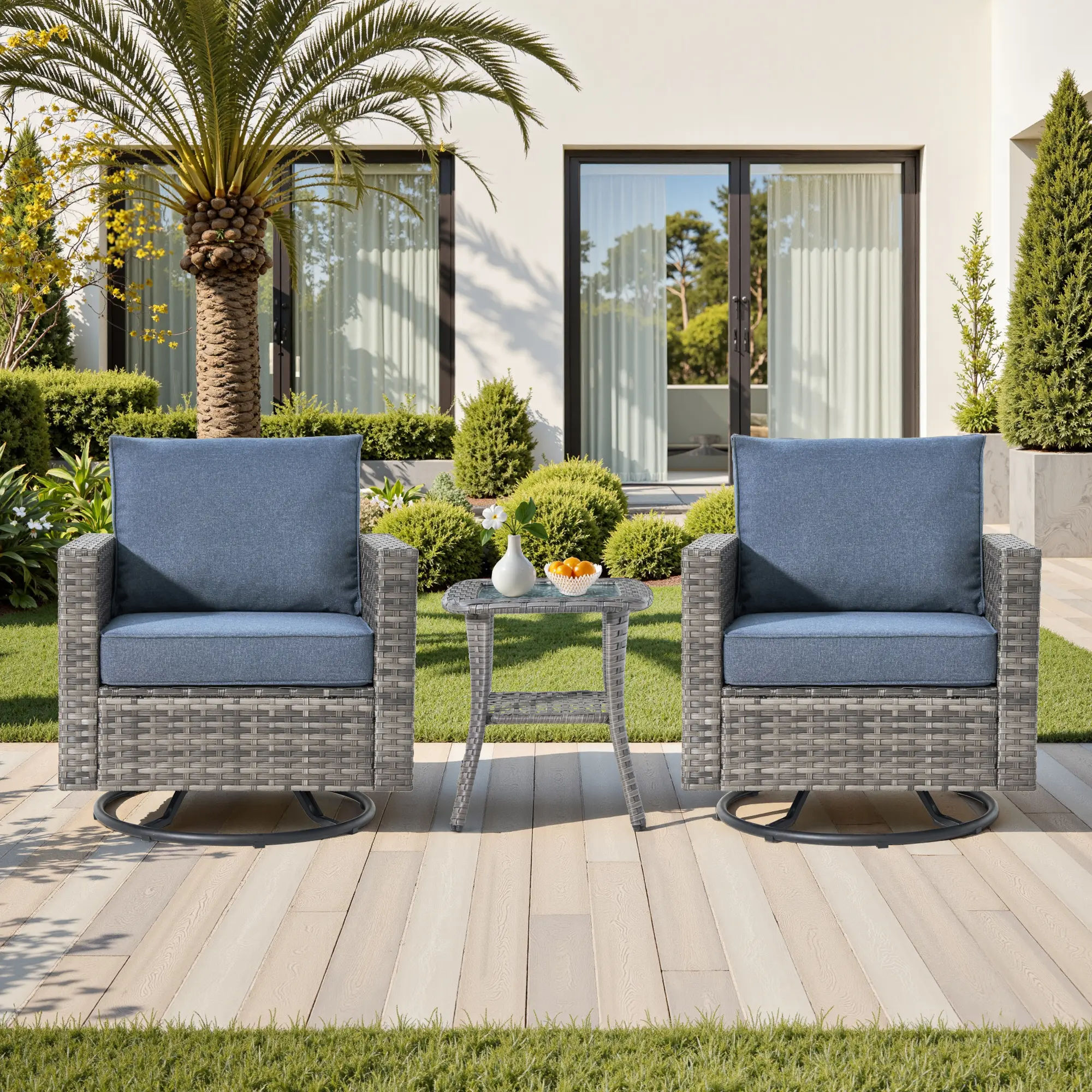 ALLWEX 3 Piece Outdoor Patio Furniture Set, Wicker Swivel Rocking Chairs with Side Table, Handwoven Rattan Conversation Set with Cushions, Modern Garden Seating Set for Patio, Deck, Porch & Backyard