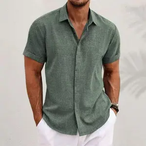 Men‘s Double Placket Cotton Linen Short Sleeve Shirt Premium Solid Color Button Front Summer Top