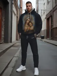 Trendy Classic Virgin Mary Print Hoodie + Pants Sportswear Set, Casual Fitted Long Sleeve, Below the Ankle, Fall & Winter