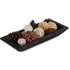 Handcrafted Black Wooden Dough Bowl Decor – Rustic Farmhouse Centerpiece for Dining Table, Coffee Table & Entryway Console – Long Decorative Wood Tray for Modern Home Styling