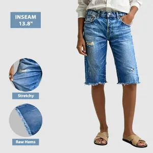 Flamingals Raw Hem Ripped High Waist Denim Bermuda Shorts Stretchy 13.8'' Inseam