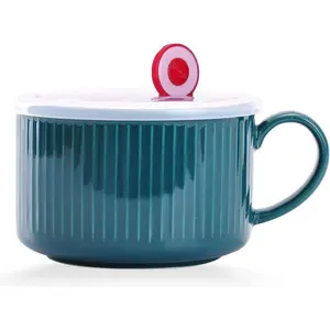 WHJY 30oz Ceramic Bowl with Lid and Handle for Soup and Instant Noodles Soup Mug, Modern Simple Style, with Heat Preservation Handle - Dark green