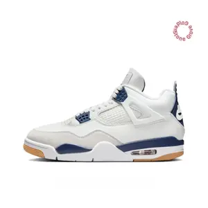 White and Blue Full-Grain Leather Mesh Panel Mid-Top Retro Basketball Shoes