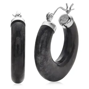 Natural Black Jade 35.00 ctw Hoop Earrings in Rhodium Over Sterling Silver
