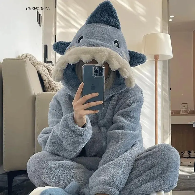 CHENGDEFA Cute Blue Shark Pajamas Long Sleeve Jumpsuit Animal Autumn Homewear Winter Sleepwear Cosplay Costume for Women and Men