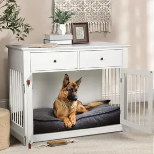 44 Inch Large  Crate Furniture, Wooden  Kennel End Table with Storage Drawers, Decorative Pet Cage  House Indoo Outdoor Weather-Resistant Dog Run