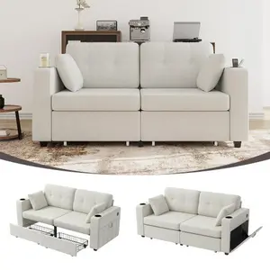 67''Modern Loveseat Sofa Chenille Upholstered Small Love Seat with Pull Out Drawers USB Charging 2 Cup Holders and Hidden Storage Space Saving Sofa Couch for Living Room Apartment (Beige)