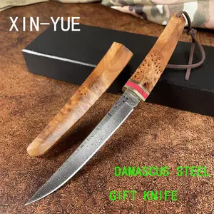 1pc,Damascus Steel Fruit Knife, Camphor Wood Handle and Sheath, Household Kitchen Knife, Portable Cutting Knife, Outdoor Camping Grilling Knife