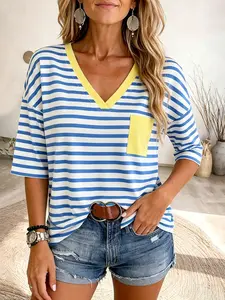 Women's V-Neck Short Sleeve T-Shirt, Striped Loose-Fitting Casual Top with Pockets, Breathable and Comfortable, Ideal for Spring and Summer