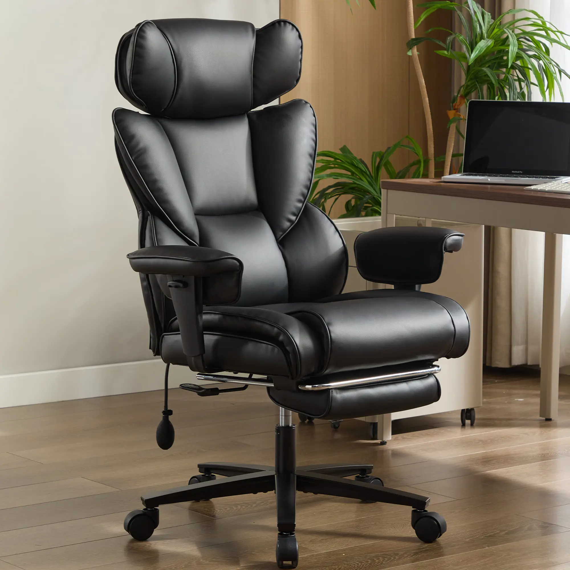 High-Back Reclining Office Chair with Footrest and Inflatable Lumbar Support, Adjustable Headrest, PU Leather, Black – Ergonomic Desk Chair for Home or Office