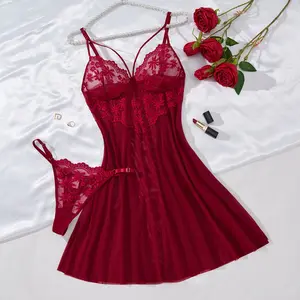 Sexy pajama set - lace mesh fabric combined with pure erotic halter-style nightgown, Sheer Floral Lace Chemise - Ultra-Thin V-Neck Slip Dress for Women