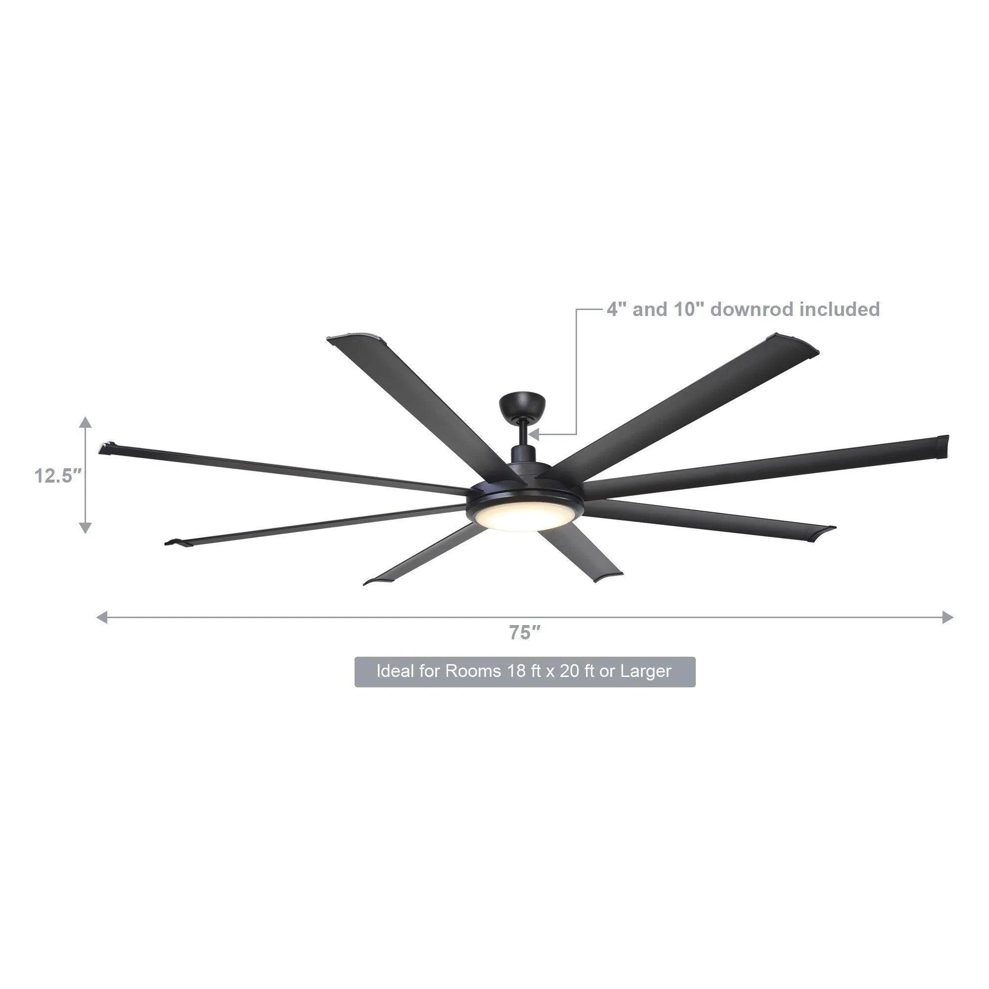 75 Inch Industrial Ceiling Fan with LED Light & Remote | DC Motor, Reversible, Downrod Mount