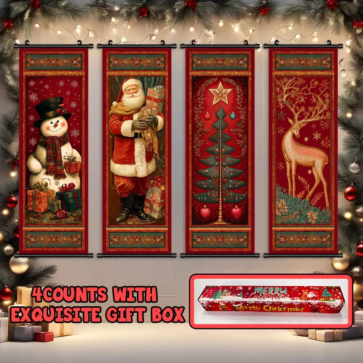 4-Piece Christmas Wall Art Set, Santa Claus & Snowman Designs, Modern Festive Decorations, High-Quality Prints, Perfect Gift Box Included