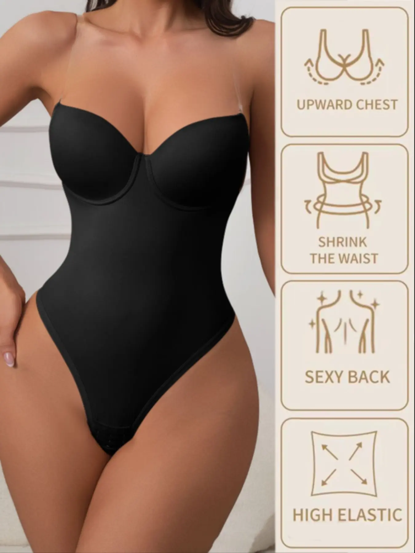 Women's Shapewear Underwear Minimalist Solid Seamless Smooth Bodycon Jumpsuit with Chest Padding, Chest Support, Shoulder Cut Out Backless Design, Invisible Straps, Sleeveless Deep Plunge Bodysuit, Womenswear, Basic, Elastic Shapewear Bodysuit