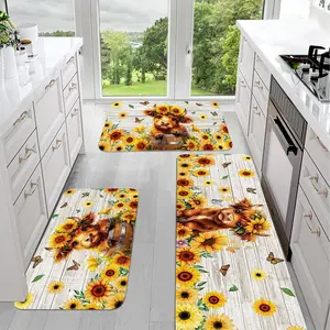 JIT 1pc Simple Flannel Spring Sunflower and Highland Cow Pattern Decorative Carpet Rug Set Kitchen Carpet Set, Flannel End Cushion Set Floor Mat Slip-resistant and washable end carpet suitable for kitchens and laundry rooms