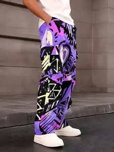 One-piece eye-catching love graffiti men's work pants with hip-hop trendy style and multi-pocket design