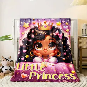 1pc Adorable Little Princess Flannel Blanket - Lightweight, Soft Throw with Cute Cartoon Princess Design for Sofa, Bed, Travel, Camping, Office - Durable Digital Print, All-Season Cozy Fleece in Pink and Purple, Multiple Sizes Available, Youngsters's Bedd