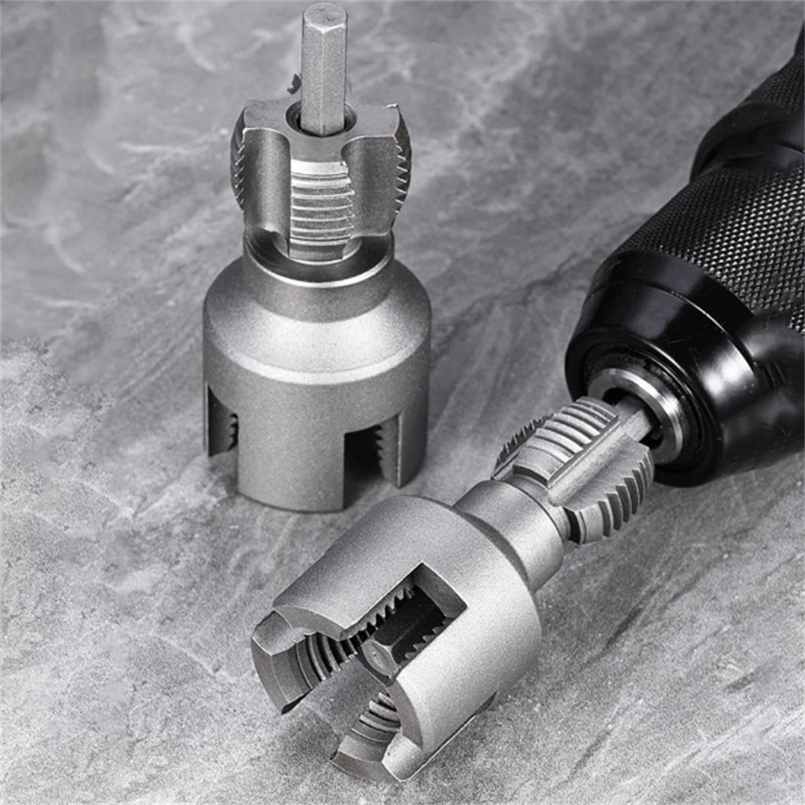 2 pcs 1/2" and 3/4" PVC thread cutting tools—inner and outer pipe threading tools; dual-function electric drill compatible kit for home repairs; precision carbon steel NPT pipe tap set for external pipes; high-speed operation