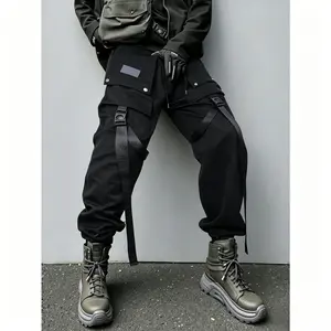 Men's Black Baggy Cargo Joggers, Tactical Streetwear Pants with Adjustable Straps and Multi Pockets, Elastic Cuff Utility Trousers, Y2K Fashion, Techwear Outfit, Viral Hip Hop Style casual street style