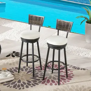 Set of 2 Top Space Patio Bar Stools with Rattan Back, 29.7" Seat Height for Deck Porch Backyard, Outdoor Swivel Bar Height Stool Chairs