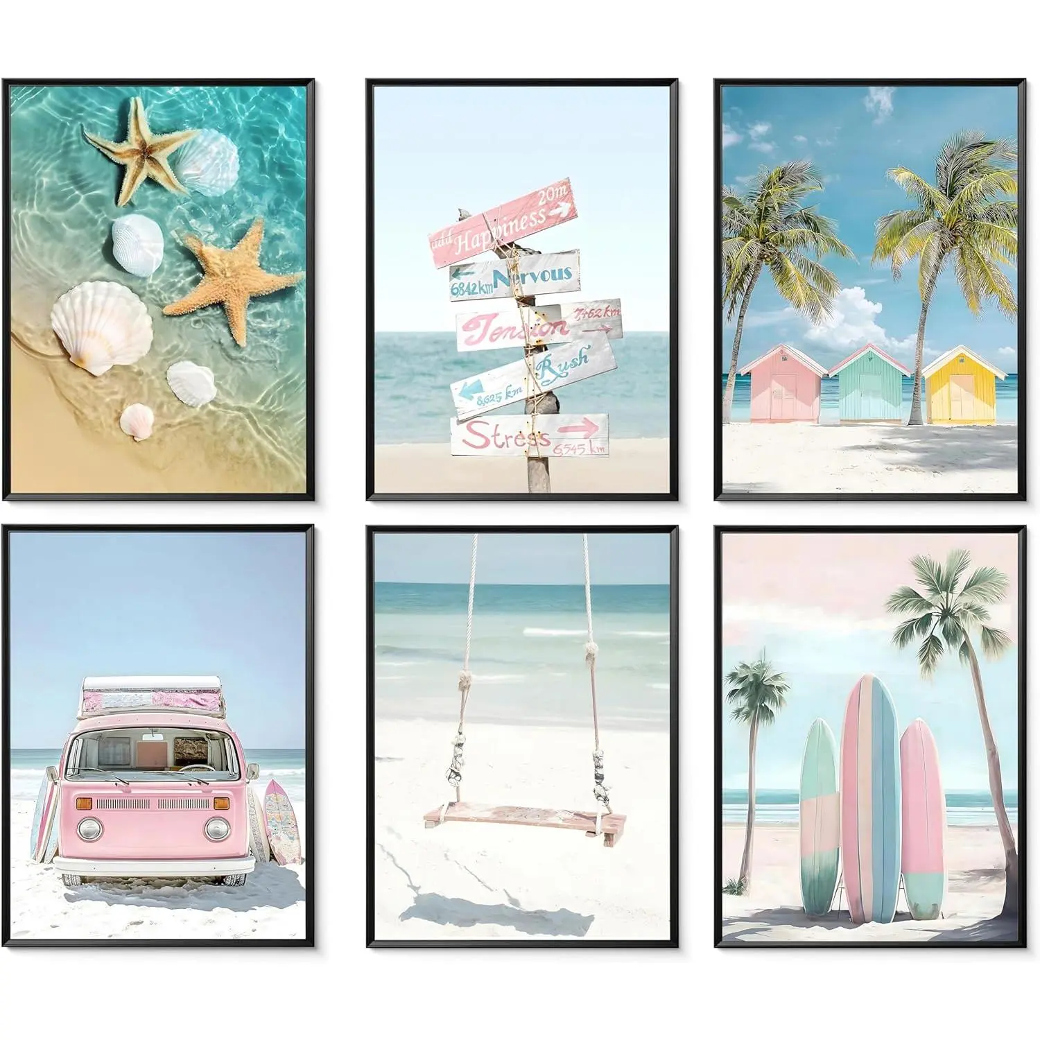 6Pcs Vibrant Beach Theme Wall Art , Tropical Summer Ocean Coastal Canvas Prints Posters,House on the coast, starfish, signboard, swing Pictures, palm tree surfboard Pink Bus room Paintings Decoration for Living Room, Bedroom, Dining Room, Bathroom Wall De