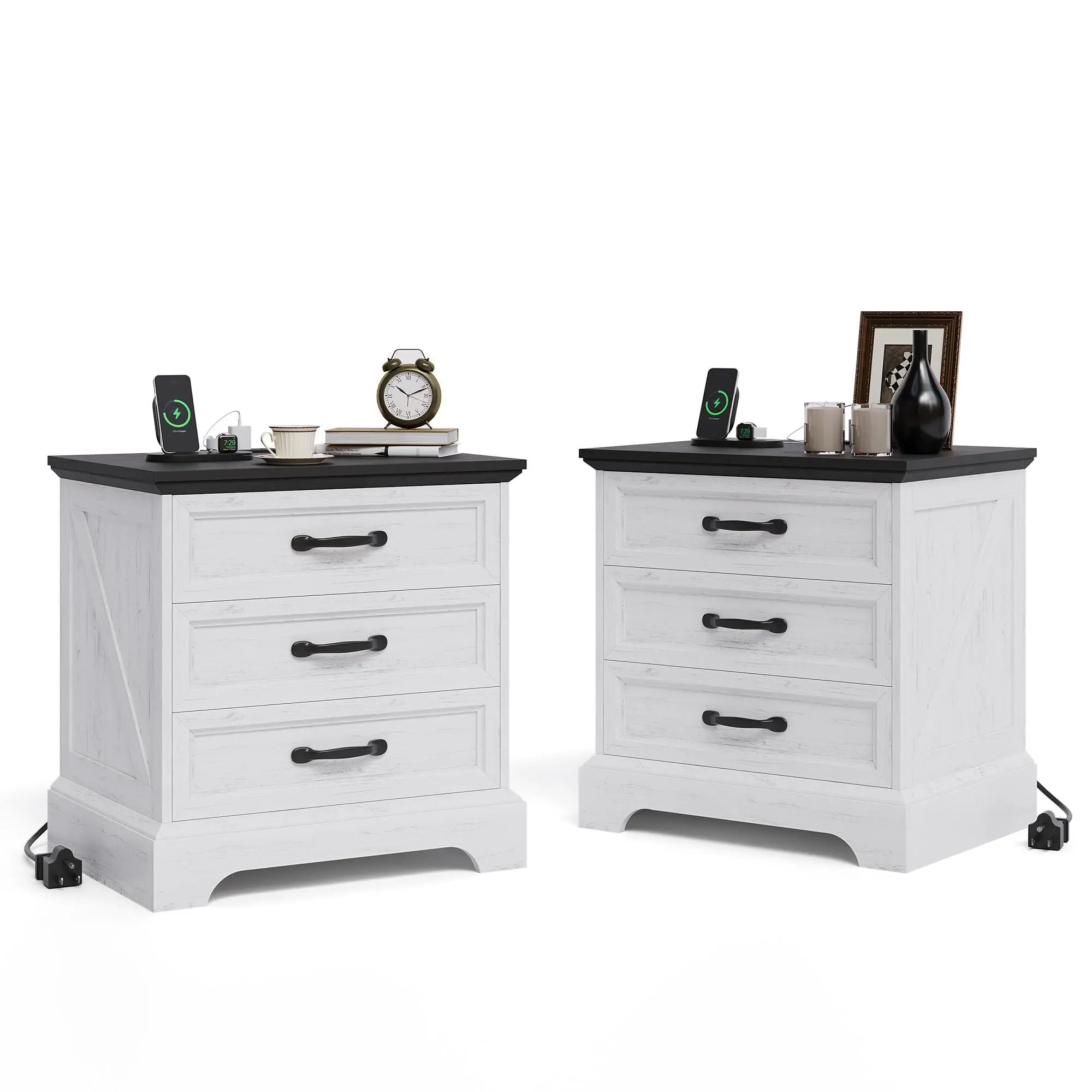 2-Piece Modern Farmhouse Rustic Wood Nightstand Set, 24in Wide with Charging Station, 3 Large Drawers, Storage Bedside Table for Small Bedroom Spaces White, Rust
