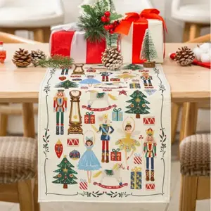 Vintage Walnut Clamp Christmas Table Runner, Cartoon Character Watercolor Holiday Decor, Polyester Rectangular Tablecloth for Home Parties