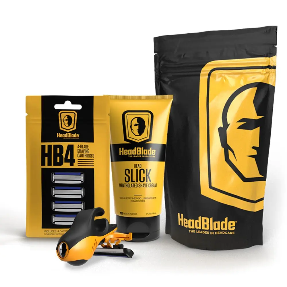 HEADBLADE MOTO Head Shaving Set for a Close Shave - Ergonomic Men's Razor with 5 oz HeadSlick Cream & 4 Replacement Blades, Ball Design, Pouch, Hydrating, One Moto Razor