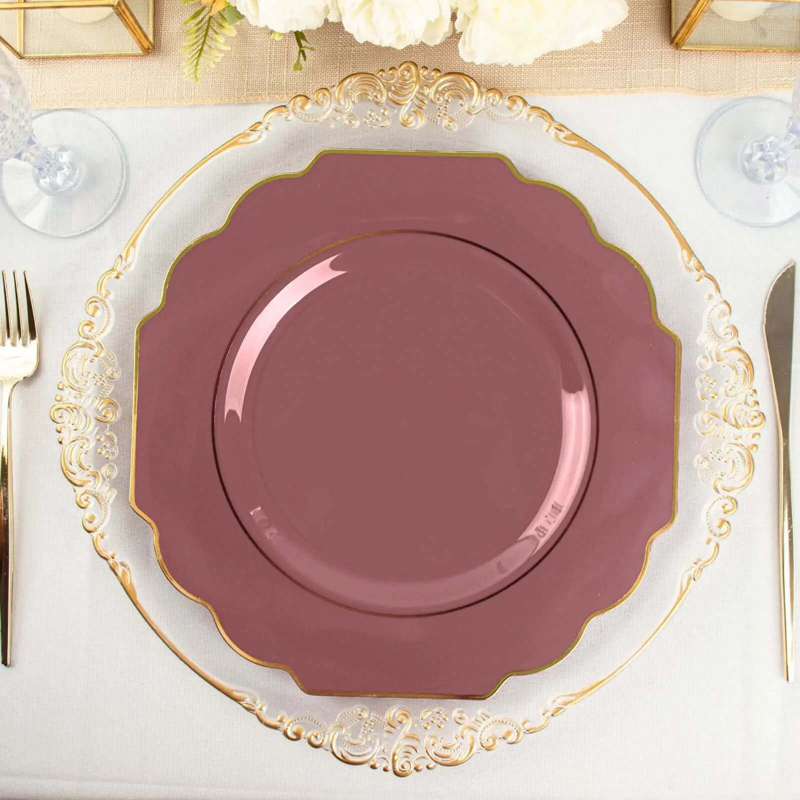 Elegant Plastic Plates 10-Pack - 11" Heavy Duty Disposable Gold Plastic Dinnerware, Cinnamon Rose Baroque Design, Scalloped Edge Gold Rim for Large Gatherings, Party Events